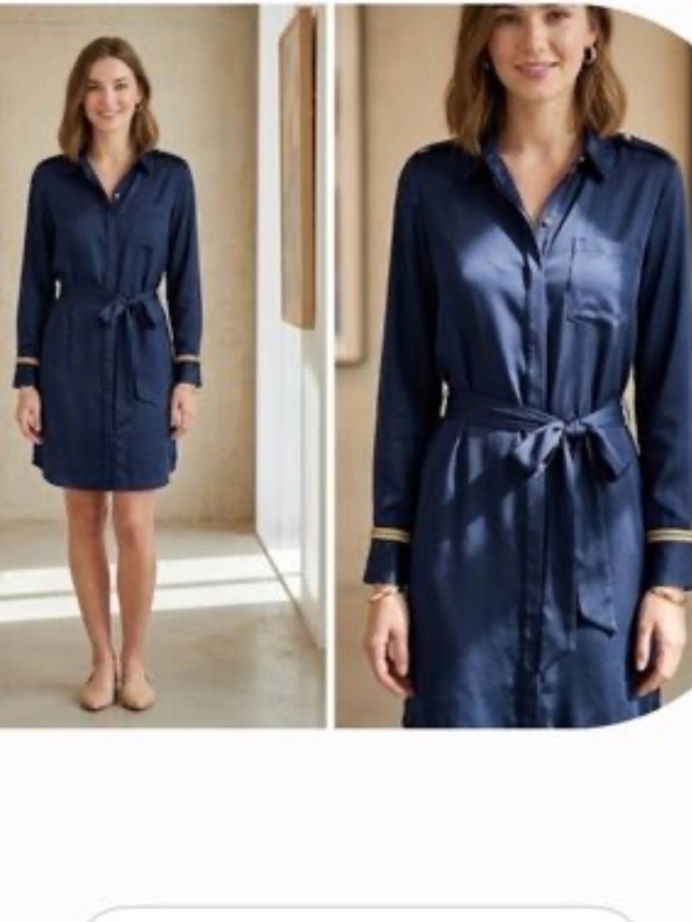 Zara Satin Military Detailed Navy Blue Shirtdress